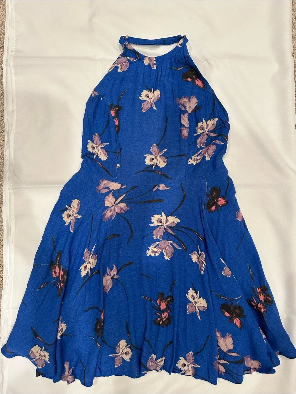 Free People Cobalt Blue Floral High-Neck Halter Mini Dress, size 8